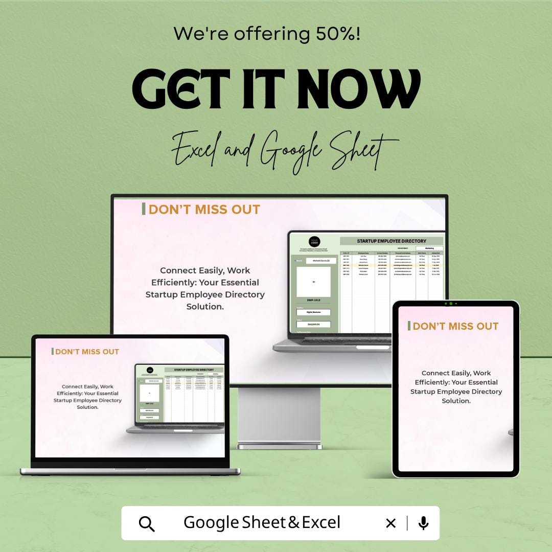 Startup Employee Directory Template | Employee Database Spreadsheet | Staff Directory Tracker | HR Management Template |