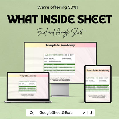 Sample Work From Home Log Sheet | Excel & Google Sheets Template | Track Tasks, Time, and Productivity | Remote Work Productivity Tool