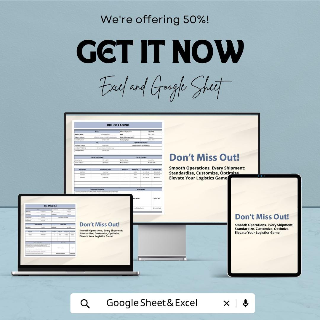 Shipping Bill of Lading Template | Freight Logistics Spreadsheet | Shipment Tracker | Excel & Google Sheets Template |