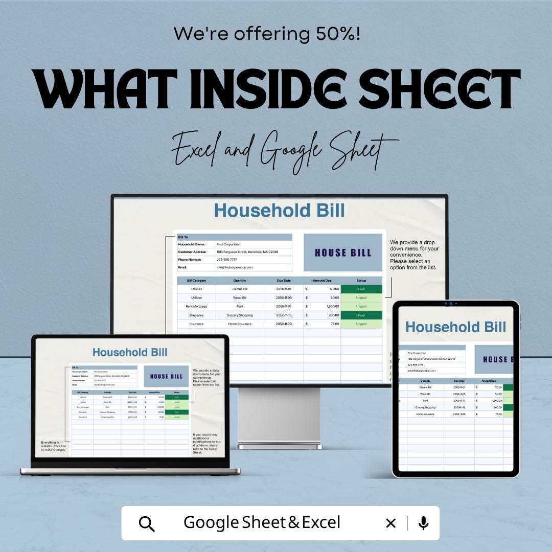 Household Bill Template | Monthly Bill Tracker Spreadsheet | Excel & Google Sheets | Home Expense Planner | Household Budget Organizer