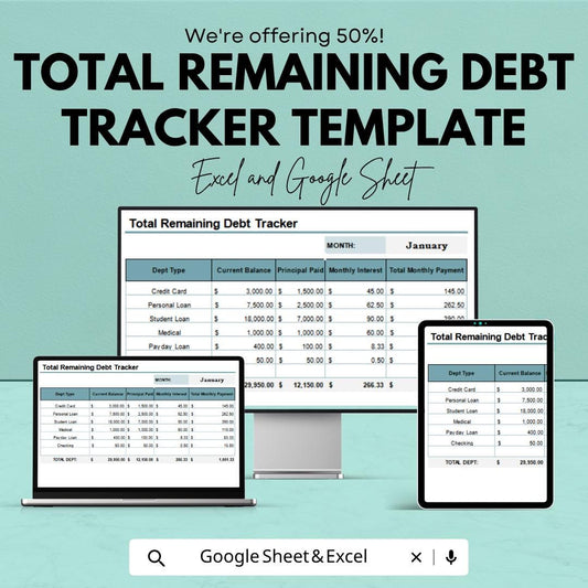 Total Remaining Debt Tracker Template | Debt Payoff Spreadsheet | Debt Reduction Planner | Excel & Google Sheets | Personal Finance Tracker