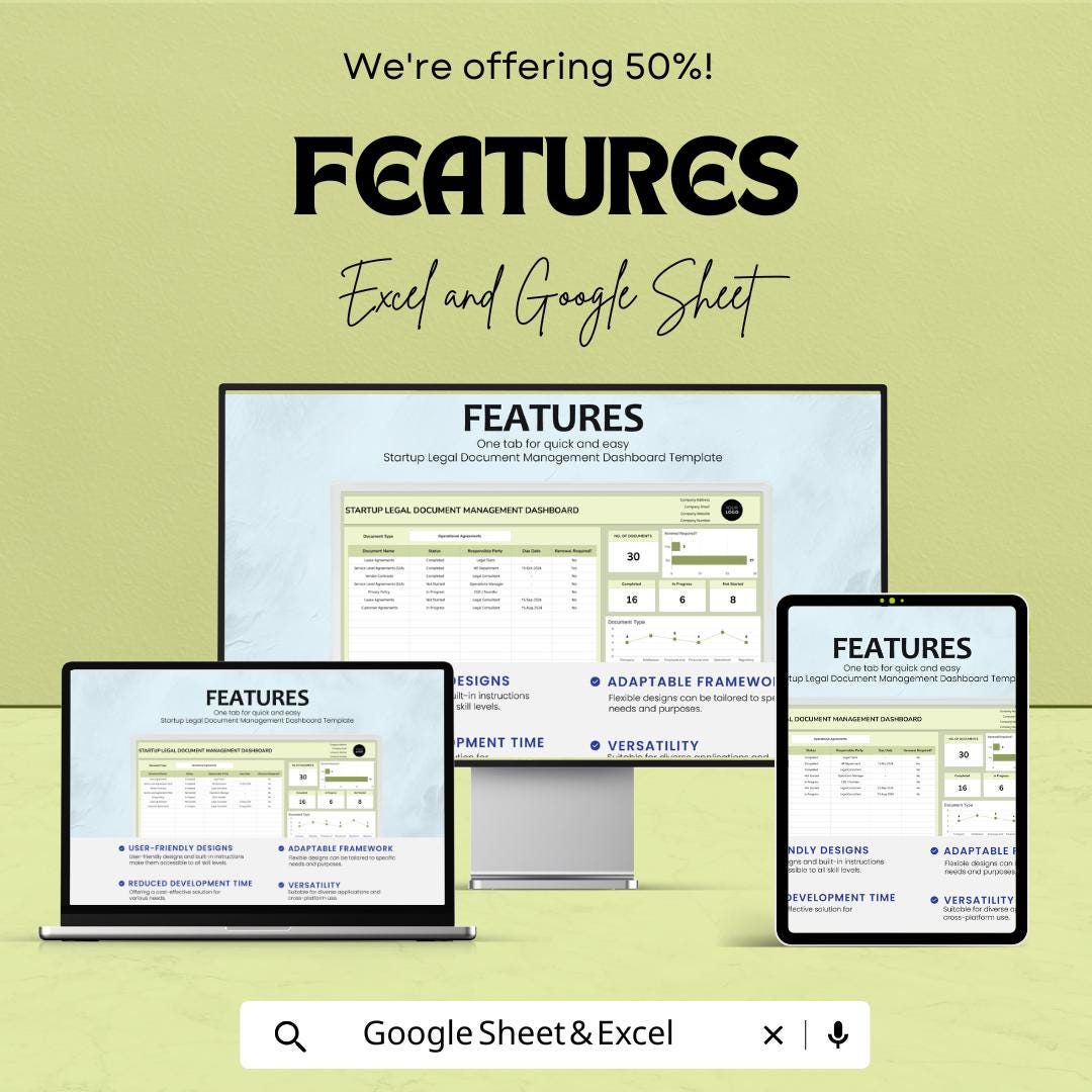 Startup Legal Document Management Dashboard Template | Excel & Google Sheets | Legal Document Tracker | Business Legal Spreadsheet