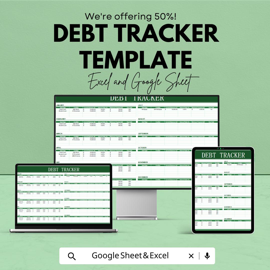 Debt Tracker Template | Excel & Google Sheets | Monthly Debt Spreadsheet | Personal Finance Planner | Debt Payoff Tracker