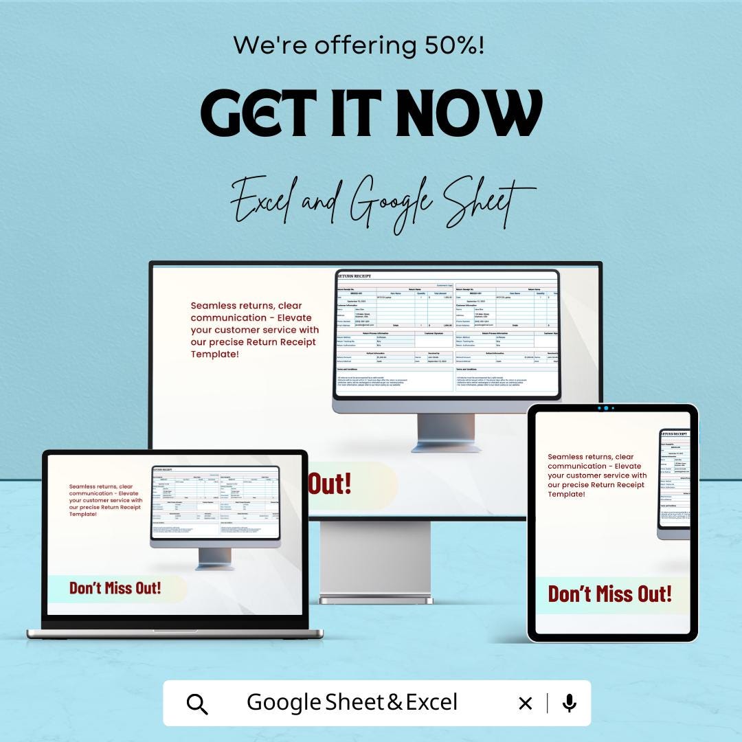 Return Receipt Template - Seamless Return Management for Excel and Google Sheets | Detailed, Customizable & Easy-to-Use | Instant Download