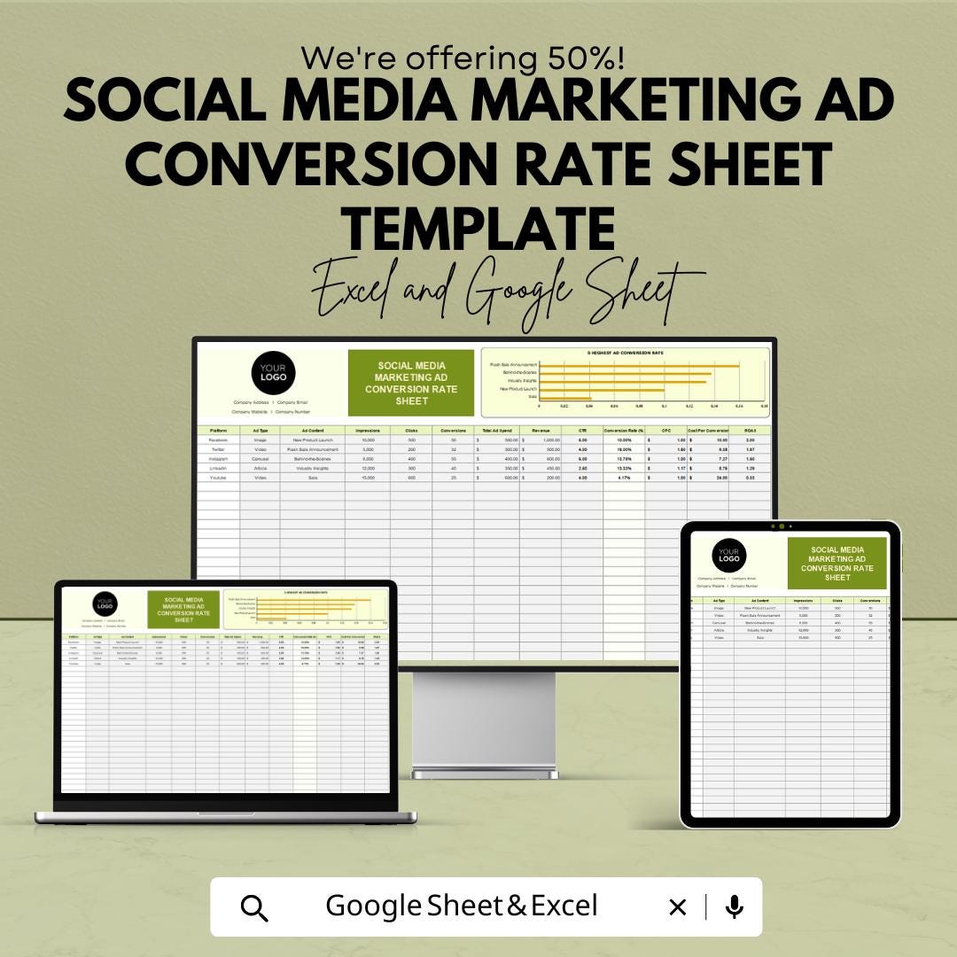 Social Media Marketing Ad Conversion Rate Sheet Template | Excel and Google Sheets | Ad Performance Tracker | Campaign ROI Dashboard |
