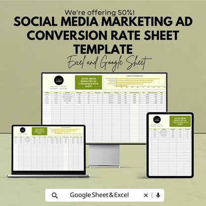 Social Media Marketing Ad Conversion Rate Sheet Template | Excel and Google Sheets | Ad Performance Tracker | Campaign ROI Dashboard |