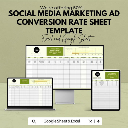 Social Media Marketing Ad Conversion Rate Sheet Template | Excel and Google Sheets | Ad Performance Tracker | Campaign ROI Dashboard |