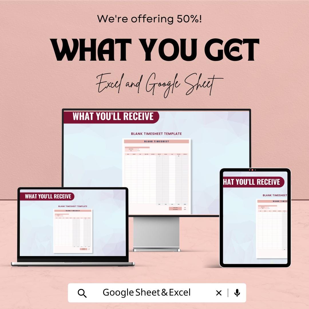 Blank Timesheet Template – Excel & Google Sheets – Employee Hours Tracker, Customizable Work Schedule, Editable Payroll System,
