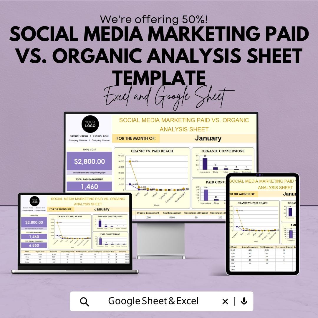 Social Media Marketing Paid vs Organic Analysis Sheet Template | Paid vs Organic Tracker | Marketing Analytics Spreadsheet