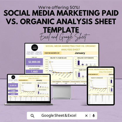 Social Media Marketing Paid vs Organic Analysis Sheet Template | Paid vs Organic Tracker | Marketing Analytics Spreadsheet