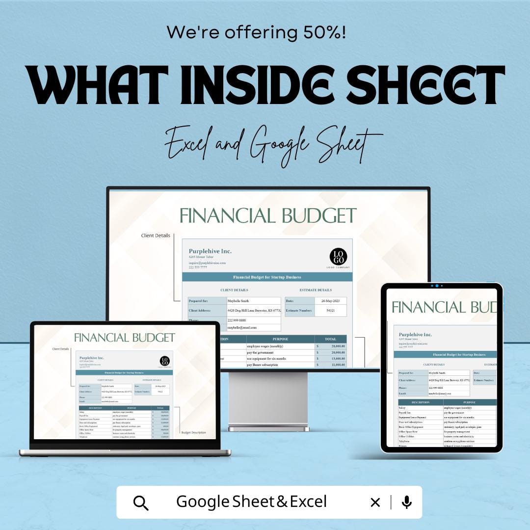 Financial Budget for startup Business Sheet | Excel and Google Sheets Template | Startup Financial Planning & Budgeting Tool