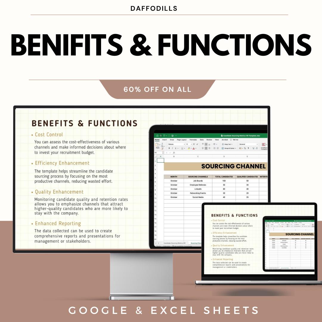 Candidate Sourcing Metrics HR Template, Recruitment Source Tracking Dashboard, Hiring Channel Analysis, Google Sheets Excel