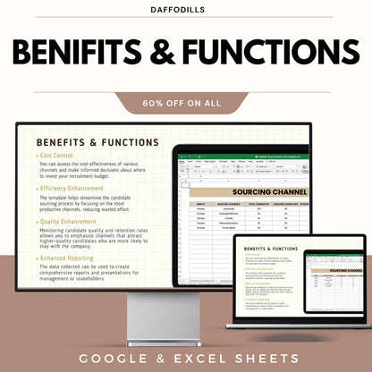 Candidate Sourcing Metrics HR Template, Recruitment Source Tracking Dashboard, Hiring Channel Analysis, Google Sheets Excel