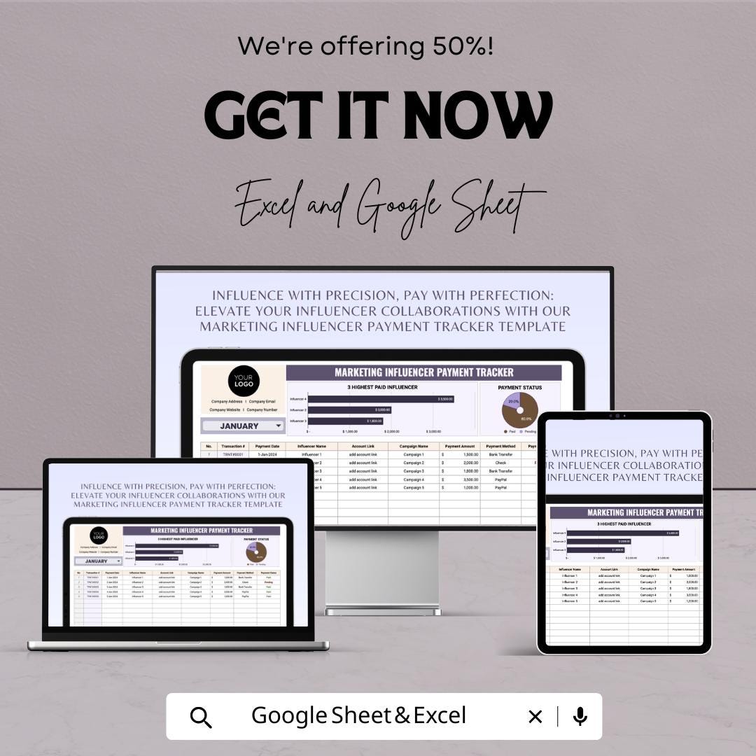 Influencer Payment Tracker Template | Marketing Payment Log Spreadsheet | Influencer Finance Tracker | Payment Status & Management Tool