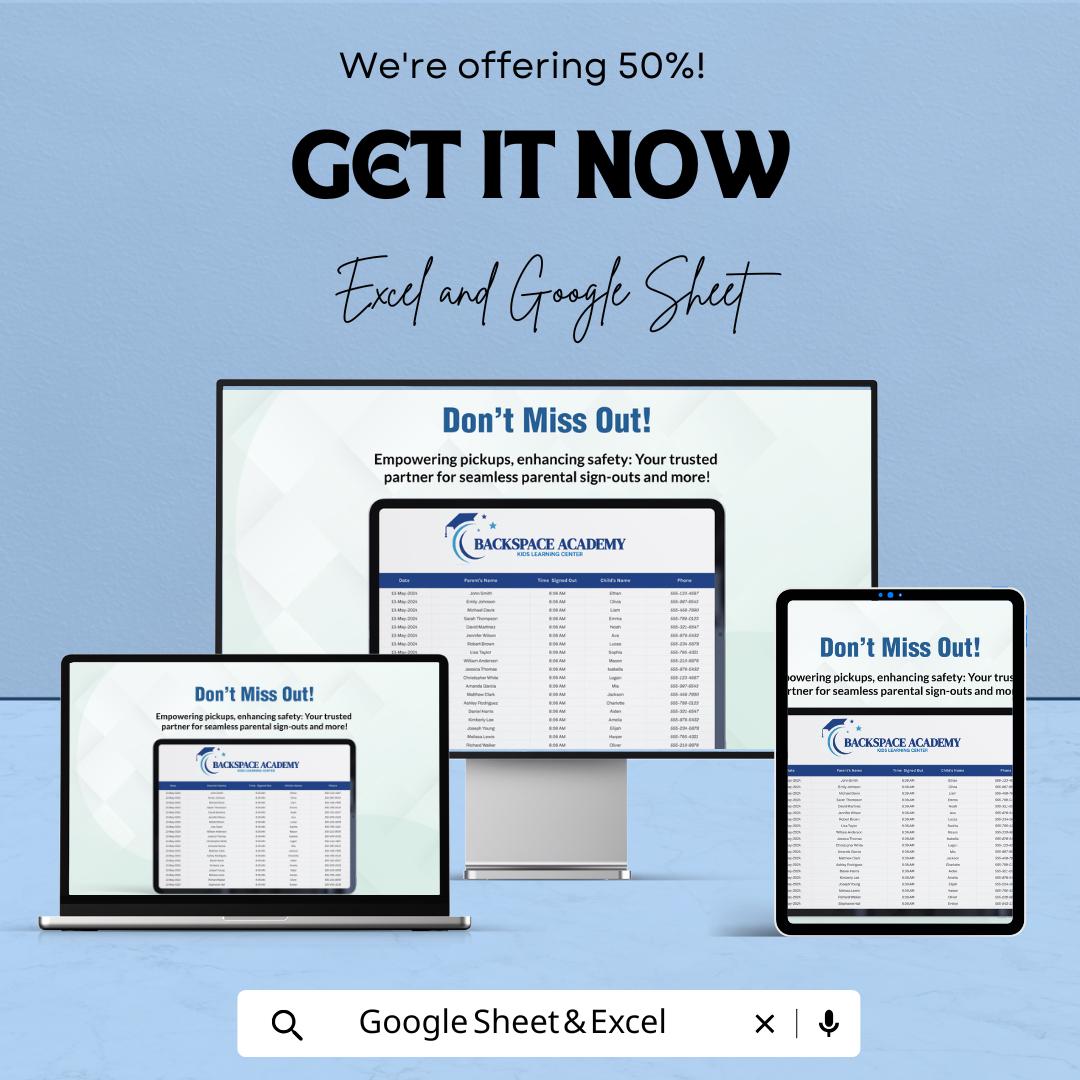 Parent Sign Out Sheet – Excel and Google Sheet Template | Track Parent Pickups & Child Sign Outs | 50% Off