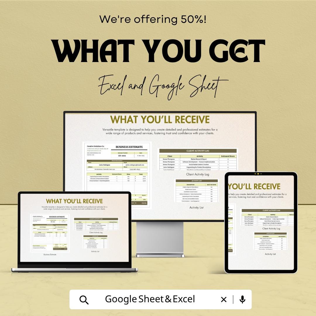 Business Estimate Template | Estimate Invoice Spreadsheet | Service Estimate Template | Project Cost Estimate Sheet