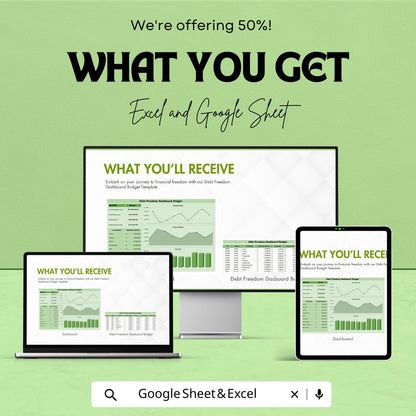 Debt Freedom Dashboard Budget Sheet - Excel & Google Sheets Template - Track Debt, Payments, Budget Categories, and Progress