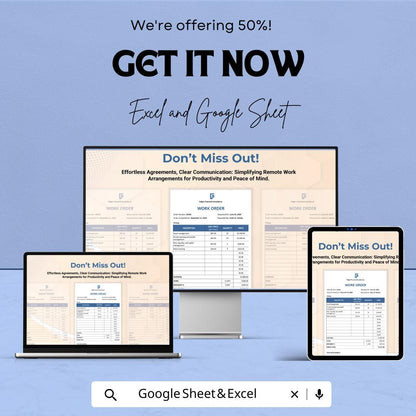 Work From Home Service Order Sheet | Google Sheets & Excel | Remote Work Agreement Template | Editable Work Order Form | Freelancer Invoice