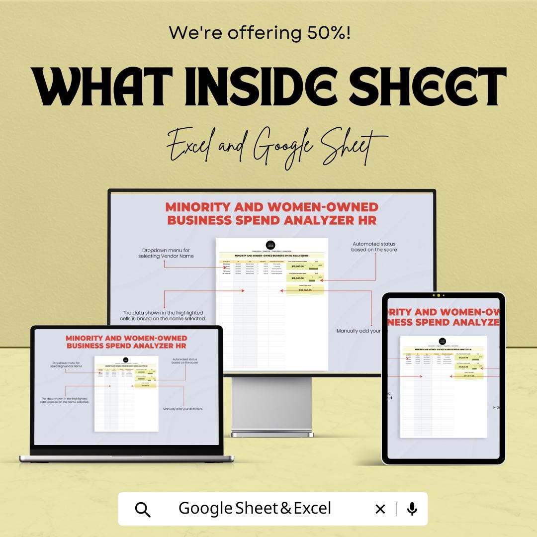 Minority & Women-Owned Business Spend Analyzer HR Template | Excel and Google Sheets | Supplier Diversity Tracking Tool