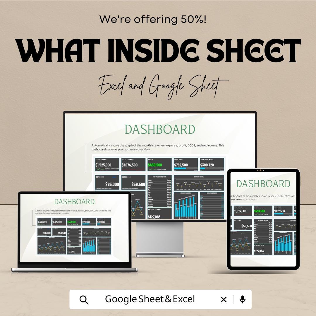 Sales Monthly Dashboard | Excel & Google Sheets | Track Revenue, Expenses, Profit | Business Finance Tracker | KPI Spreadsheet