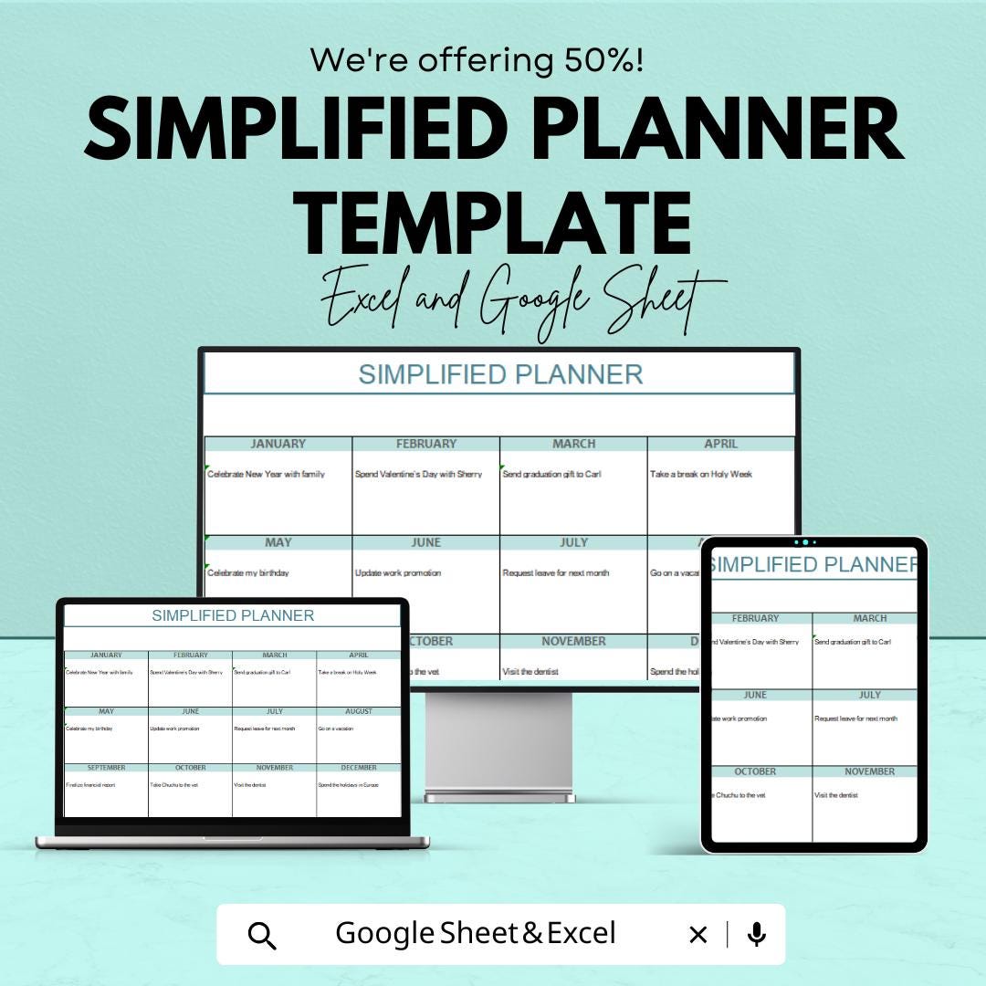 Simplified Planner Template | Google Sheets & Excel | Minimalist Monthly Planner | Digital Organizer | Editable Productivity Template