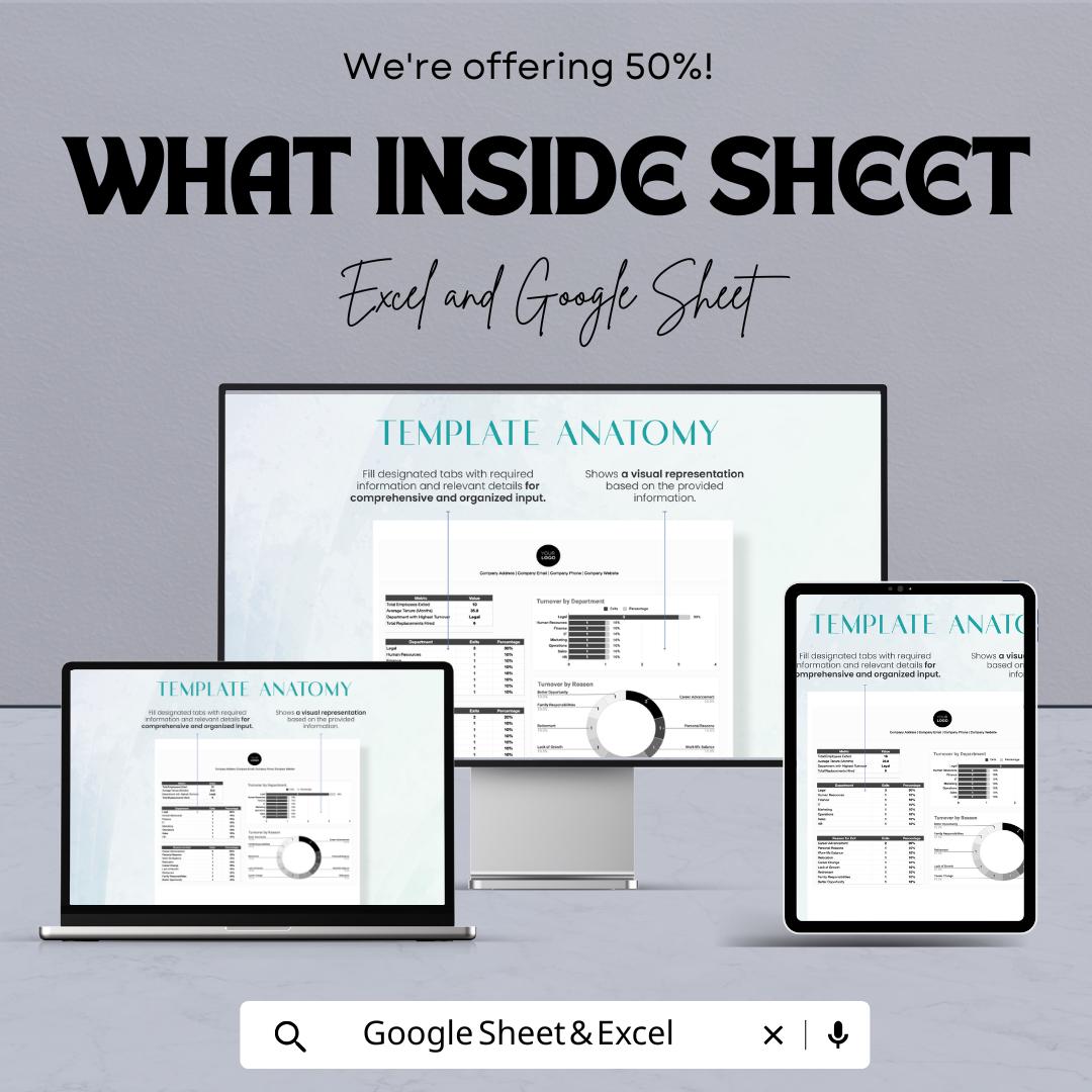 Legal Employment and Labor Employee Turnover Analysis Sheet | Google Sheet Template | Track Employee Turnover by Department and Reason