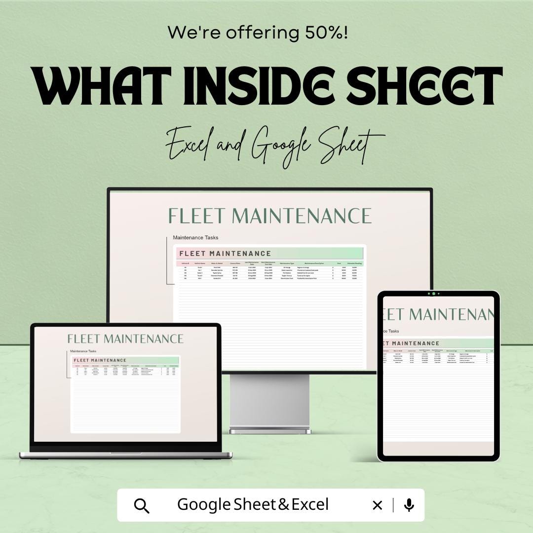 Fleet Maintenance Log Template | Excel & Google Sheets | 50% OFF