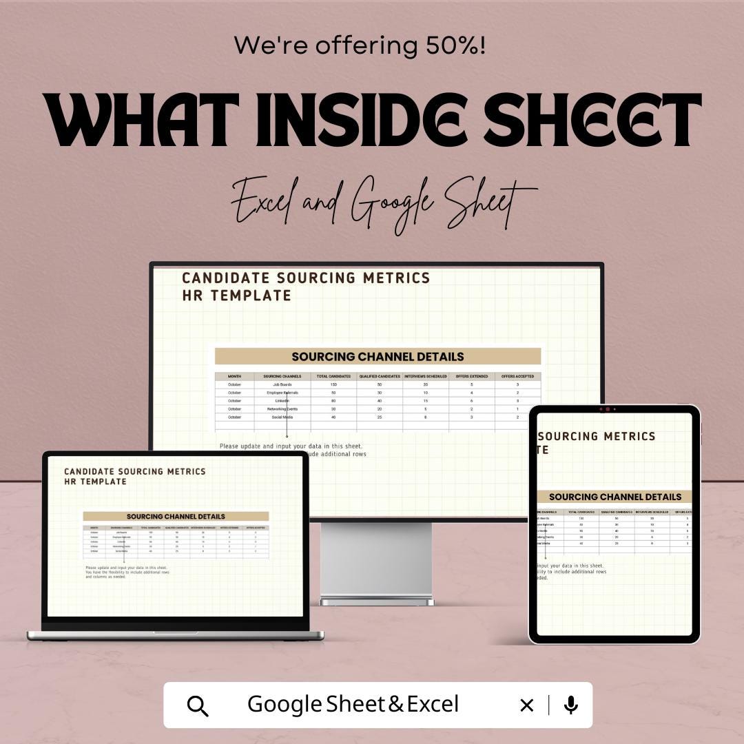 Candidate Sourcing Metrics HR Template | Excel & Google Sheets | Recruitment Analytics Dashboard | Hiring KPI Tracker