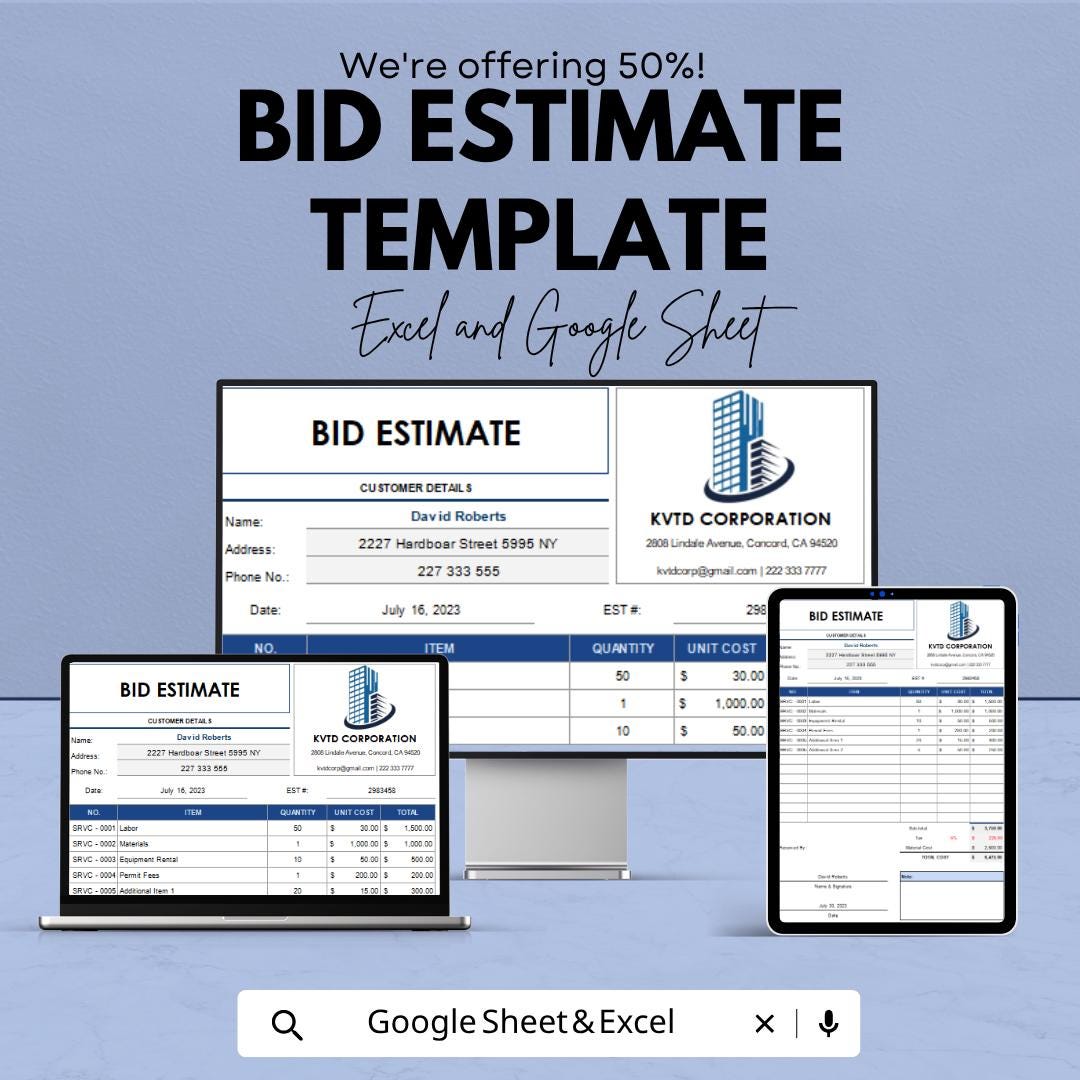 Government Construction Bid Template | Construction Bid Spreadsheet | Contractor Bid Proposal Template | Excel & Google Sheets |