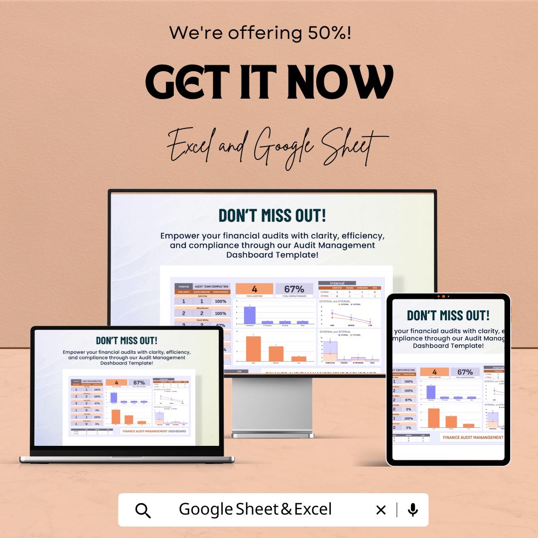 Finance Audit Management Dashboard Template | Business Audit Tracker | Compliance & Risk Monitoring Spreadsheet | Audit Report Tool