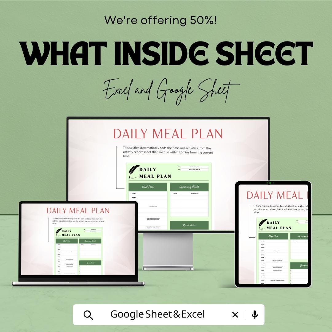 Daily Meal Plan Sheet - Printable Weekly Meal Planner - Meal Prep and Grocery List - Excel & Google Sheet - Healthy Eating Planner