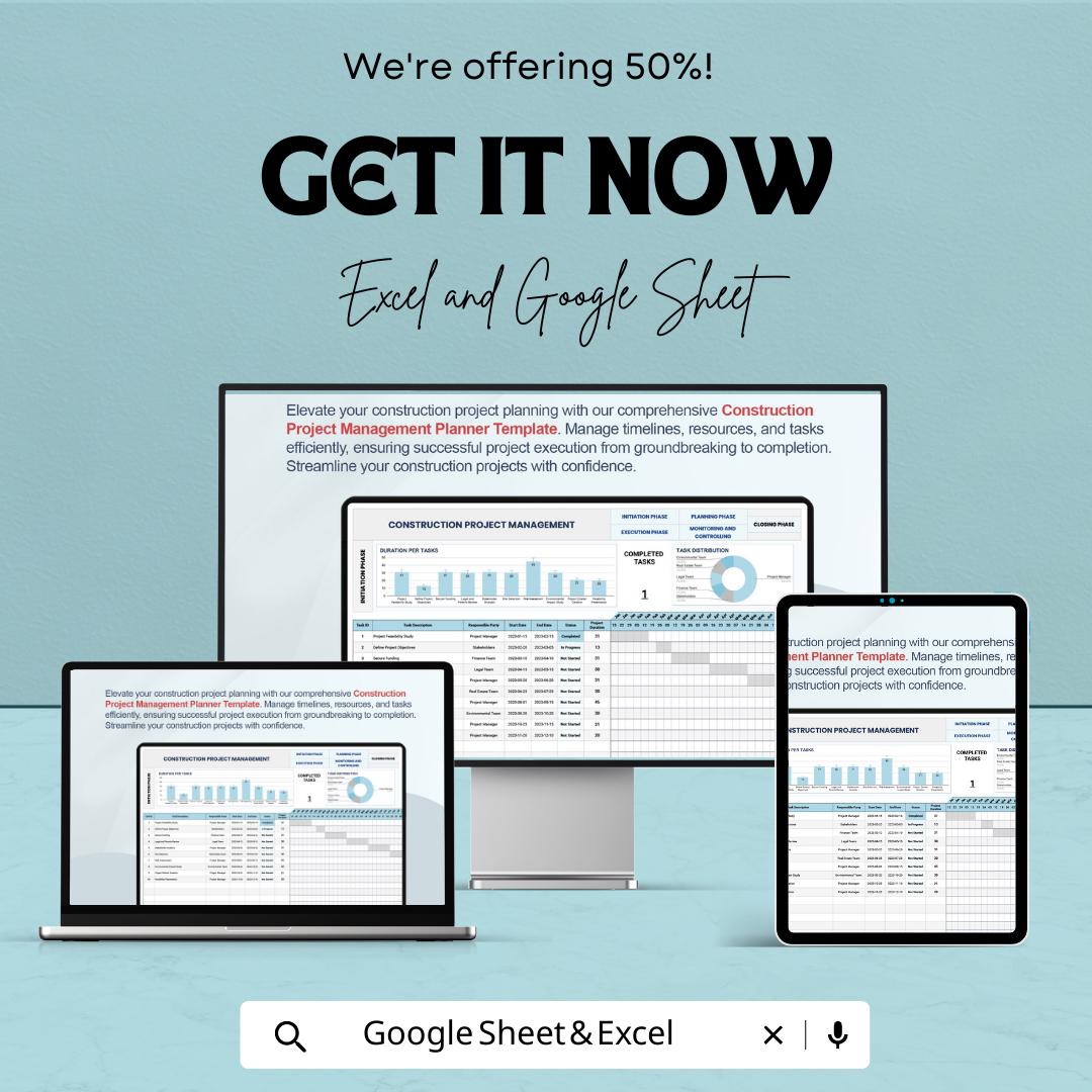 Construction Project Management Template | Project Planner Spreadsheet | Gantt Chart Tracker | Excel & Google Sheets