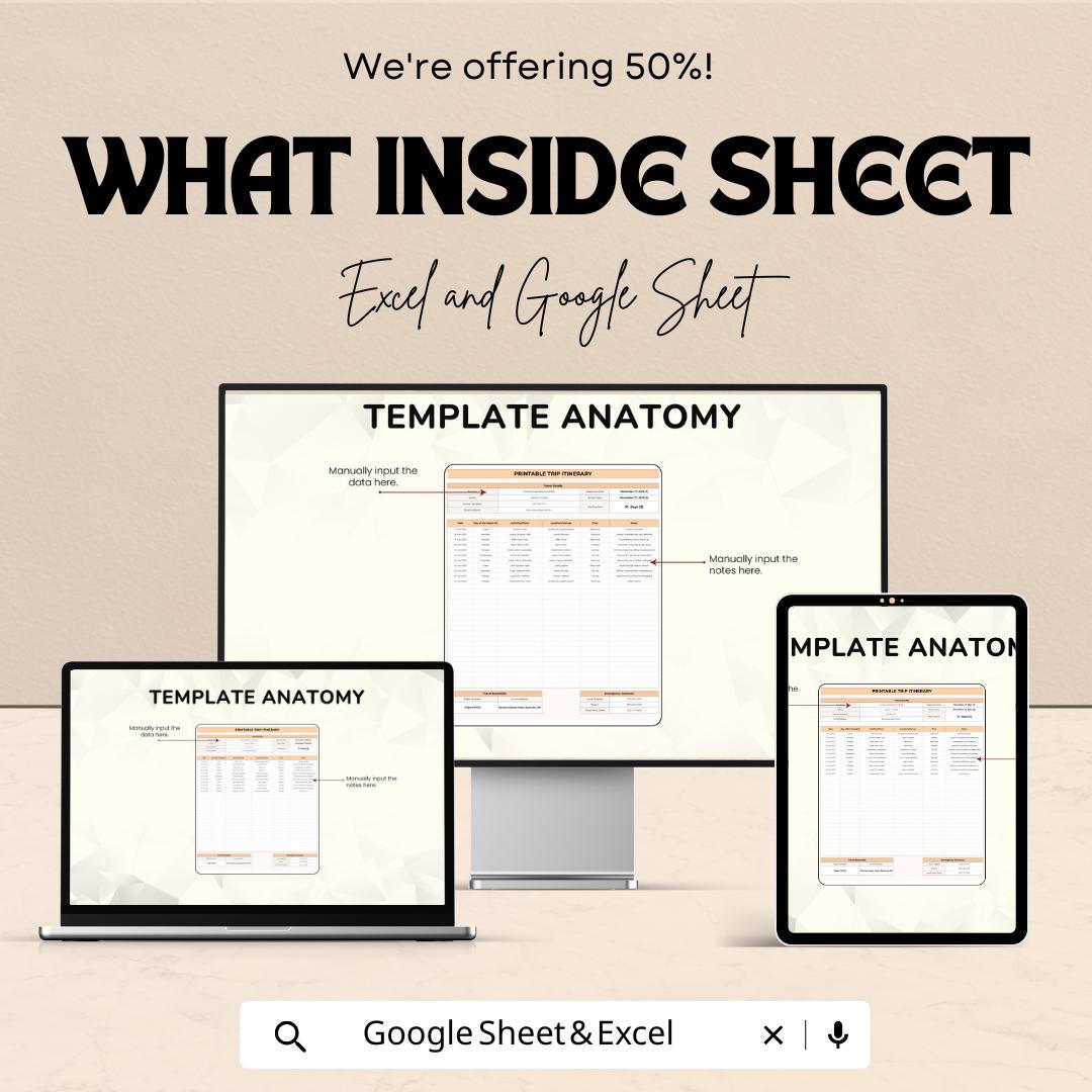 Printable Trip Itinerary Template | Travel Planner Schedule | Google Sheets and Excel | Vacation Planning Sheet | Daily Travel Organizer