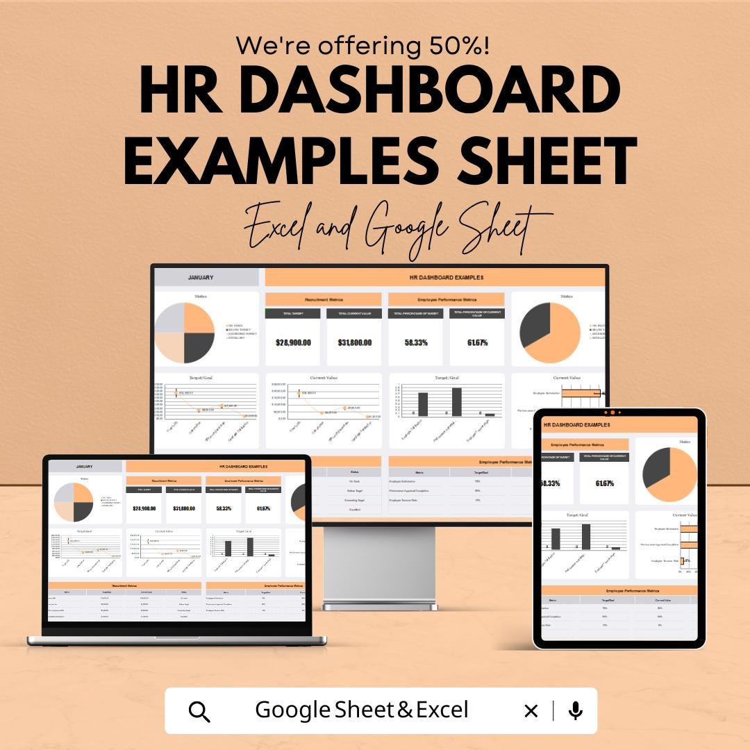 HR Dashboard Examples Sheet | Excel & Google Sheet Template | HR Analytics Dashboard | Employee Performance Metrics
