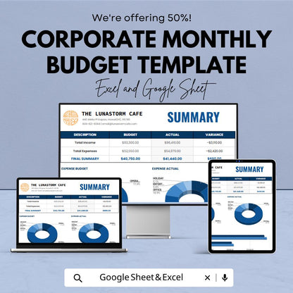 Corporate Monthly Budget Template | Business Budget Spreadsheet | Monthly Expense Tracker | Financial Planning Sheet
