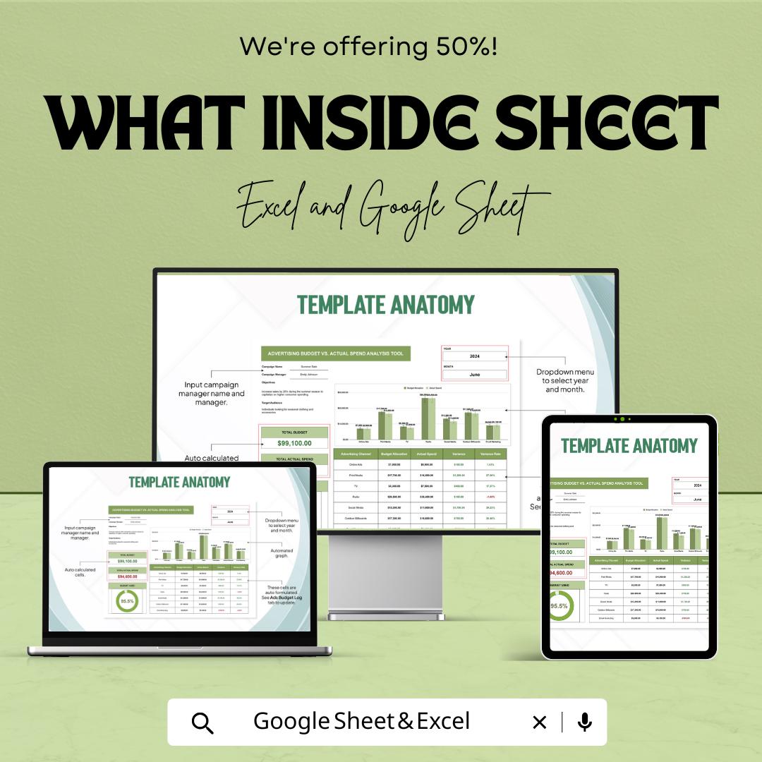 Advertising Budget vs Actual Spend Analysis Tool Template | Google Sheets | Marketing Budget Tracker | Ad Spend Analysis Spreadsheet |
