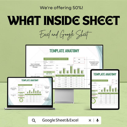 Advertising Budget vs Actual Spend Analysis Tool Template | Google Sheets | Marketing Budget Tracker | Ad Spend Analysis Spreadsheet |
