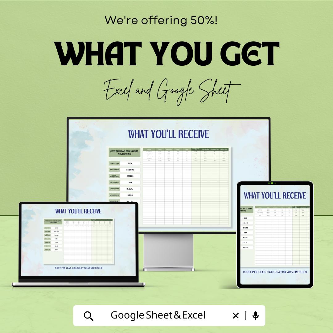 Cost Per Lead Calculator | PPC Advertising ROI Tracker | Google Sheets & Excel | Campaign Metrics Spreadsheet | CPL Calculation Sheet
