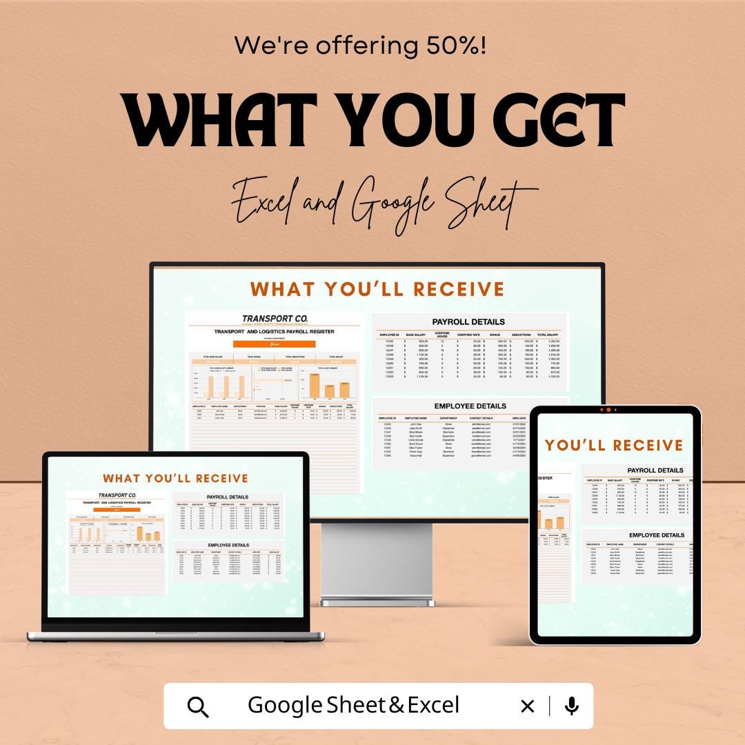Transport Payroll Register Template | Logistics Payroll Sheet | Employee Payroll Tracker Excel & Google Sheets | Salary Register Template