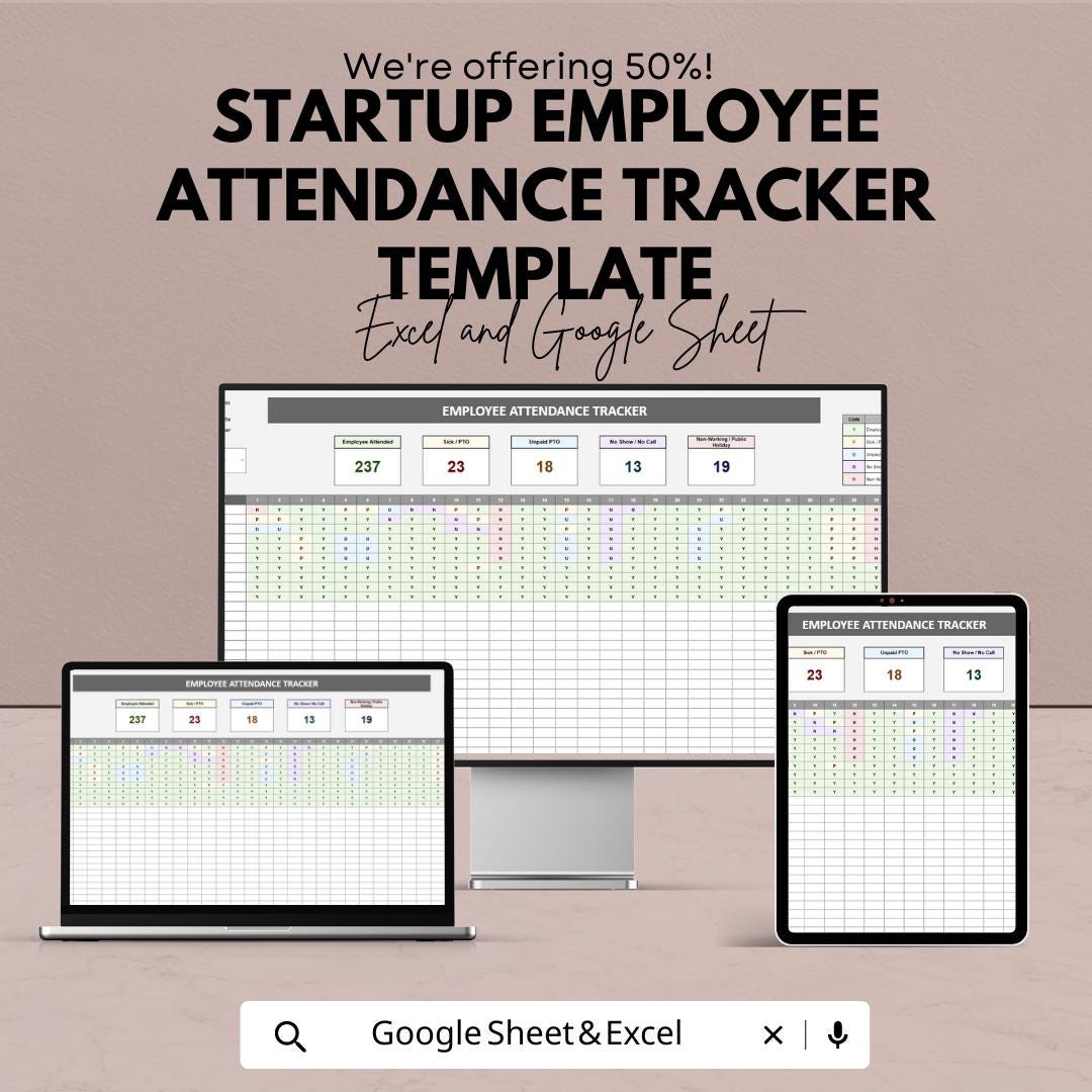 Startup Employee Attendance Tracker Template | Employee Attendance Sheet | HR Attendance Tracker | Excel & Google Sheets
