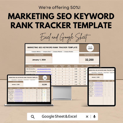 Marketing SEO Keyword Rank Tracker Template | Excel and Google Sheets | Keyword Ranking & SEO Tracking Spreadsheet