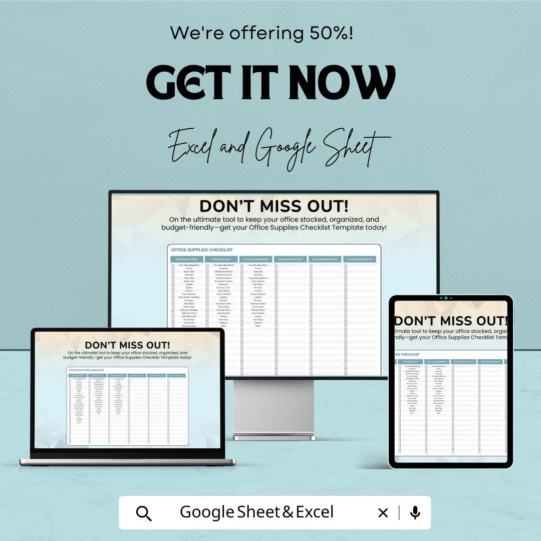 Office Supplies Checklist Template | Google Sheets & Excel | Office Inventory Tracker | Business Supply Management | Printable Supply Log