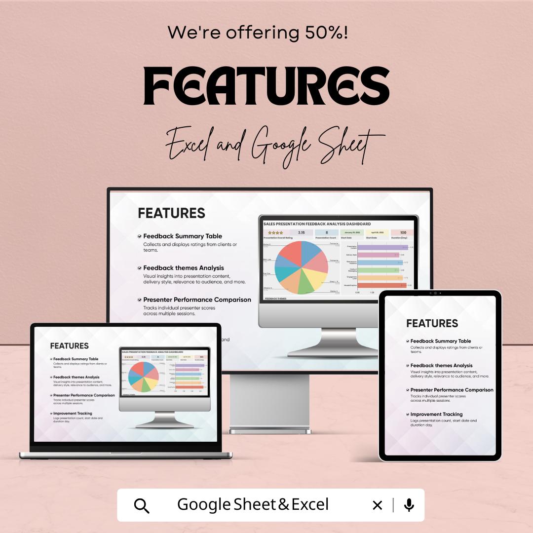 Sales Presentation Feedback Analysis Dashboard | Google Sheets & Excel Template | Performance Review Tracker | Sales Metrics Dashboard |