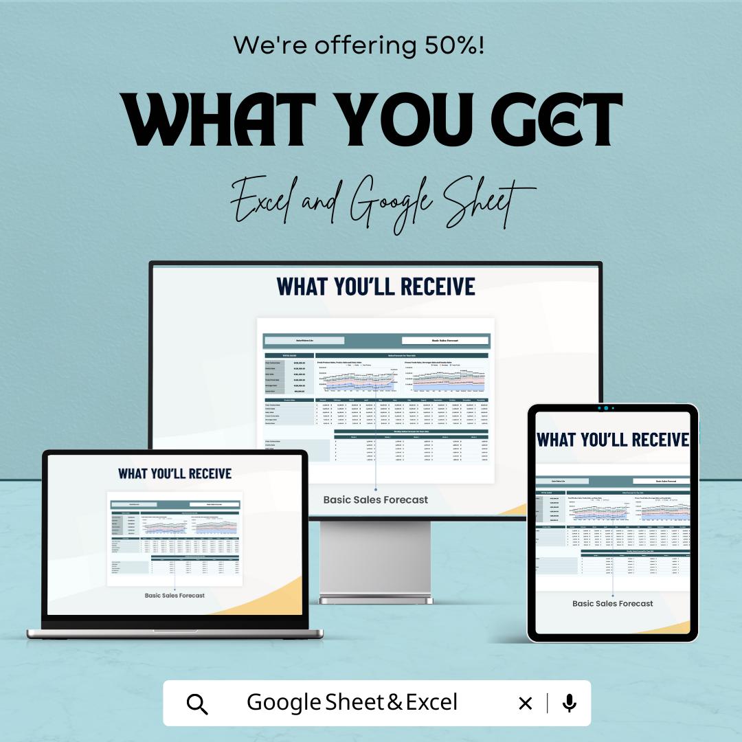 Basic Sales Forecast Template | Excel and Google Sheets | Sales Projection Spreadsheet | Revenue Forecast Planner | Sales Trend Tracker |