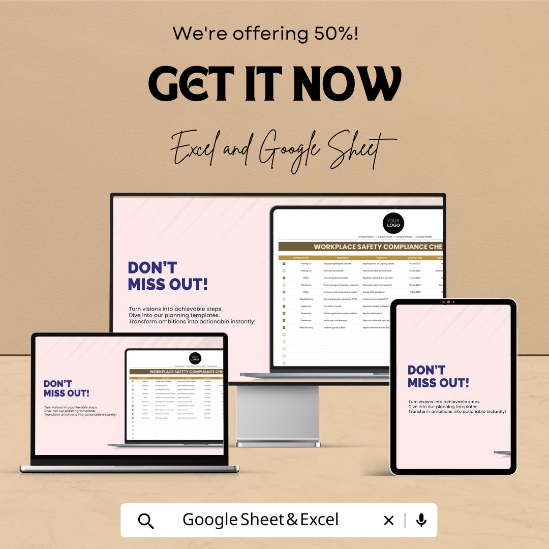 Workplace Safety Checklist HR Template, Safety Compliance Tracker, HR Safety Audit Sheet, OSHA Checklist, Excel & Google Sheets
