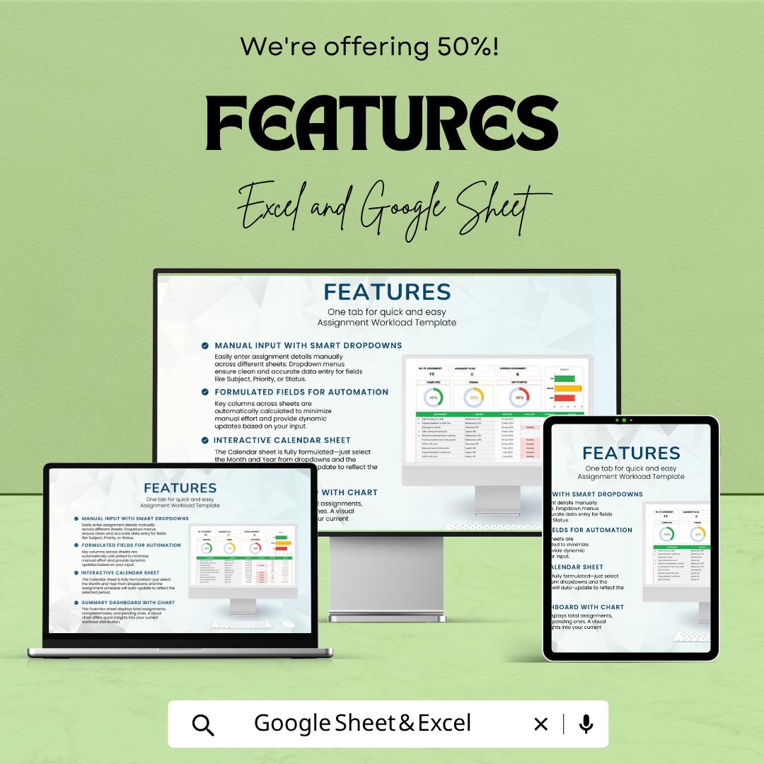Assignment Workload Template Excel | Assignment Dashboard | Homework Tracker | Study Planner Spreadsheet | Academic Organizer