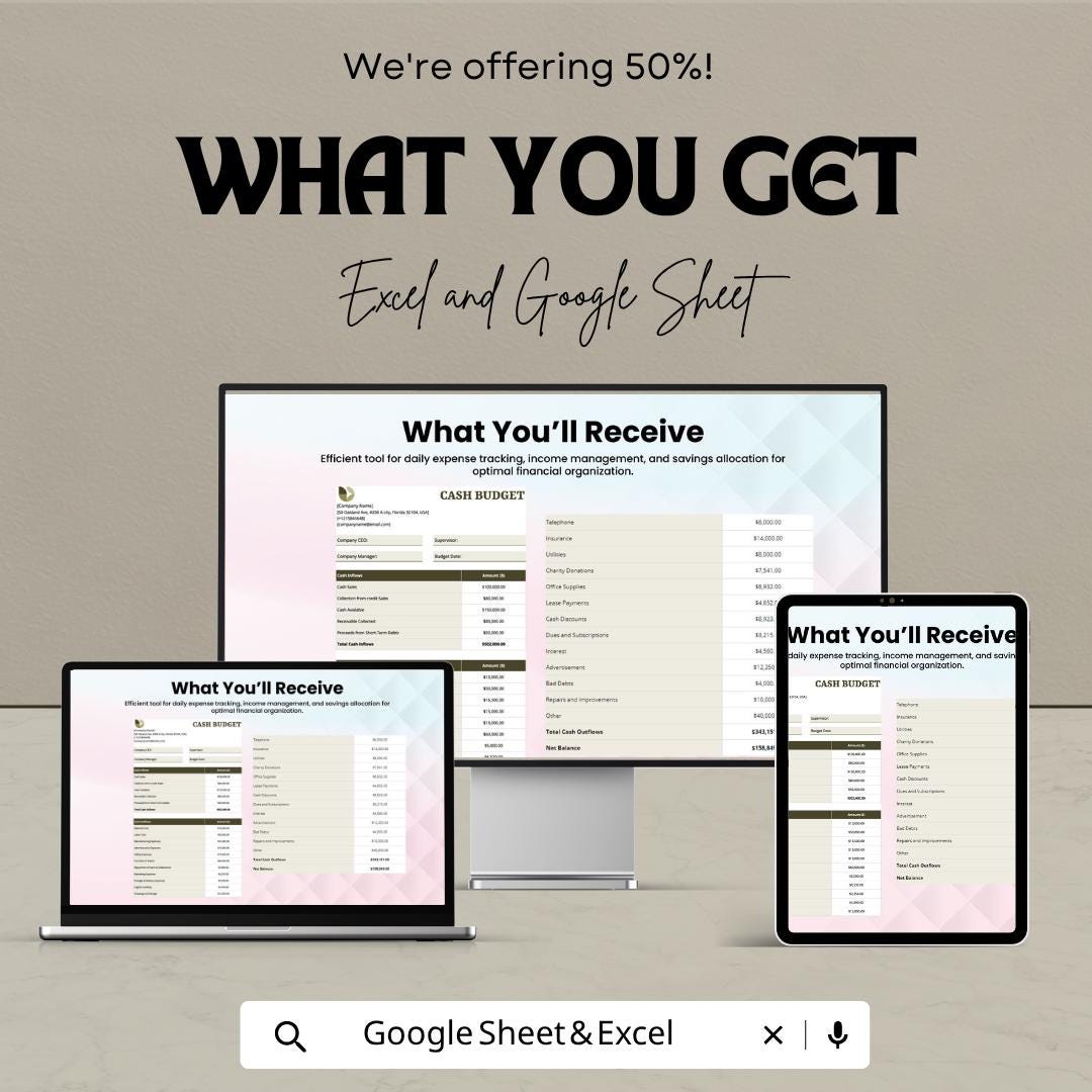 Cash Budget Template | Cash Flow Tracker Spreadsheet | Income and Expense Planner | Financial Tracker | Monthly Budget Sheet