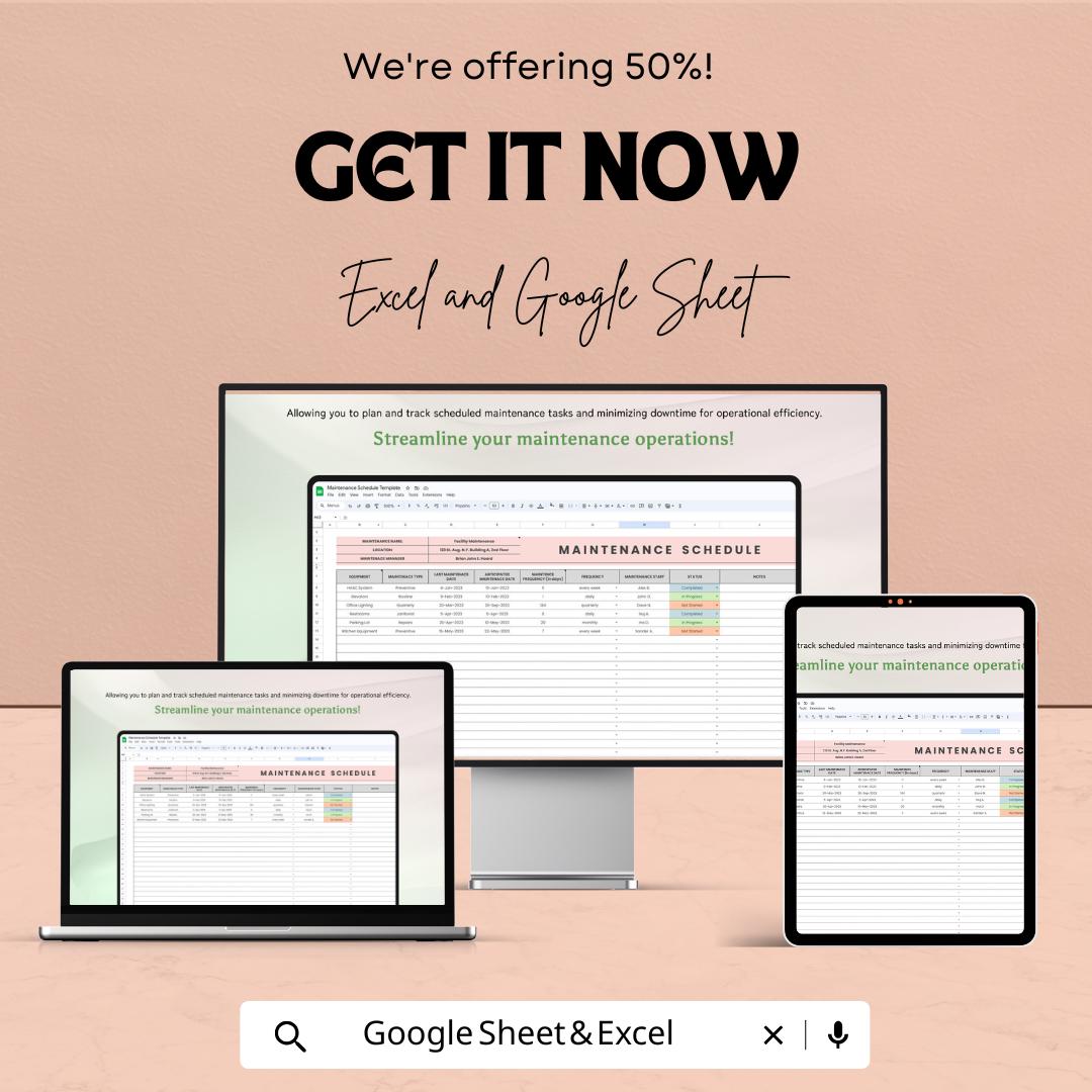 Maintenance Schedule Template | Google Sheets & Excel | Equipment Maintenance Log | Facility Maintenance Planner | Editable Tracker