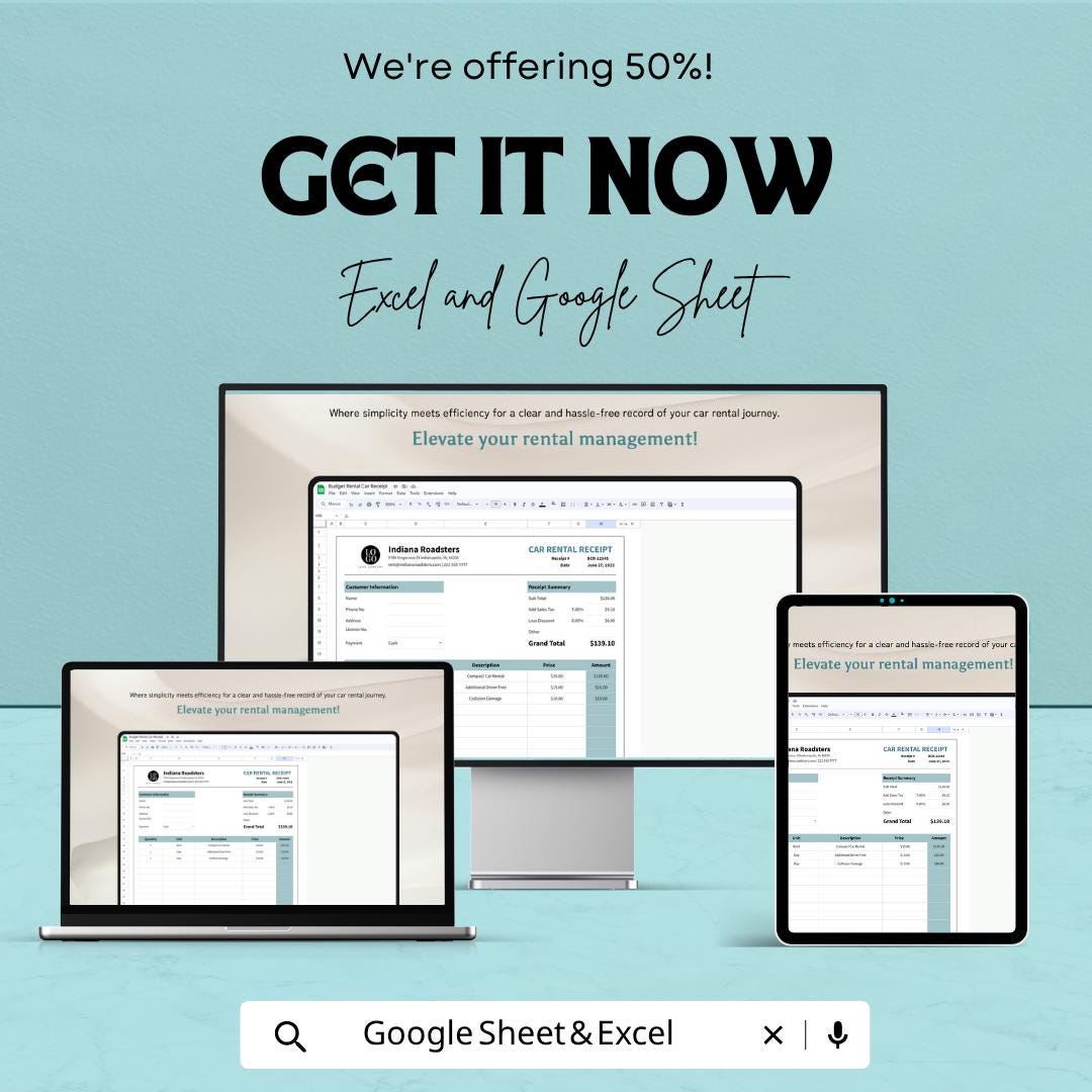 Budget Rental Car Receipt Template | Car Rental Receipt Spreadsheet | Vehicle Rental Invoice Template | Excel & Google Sheets |
