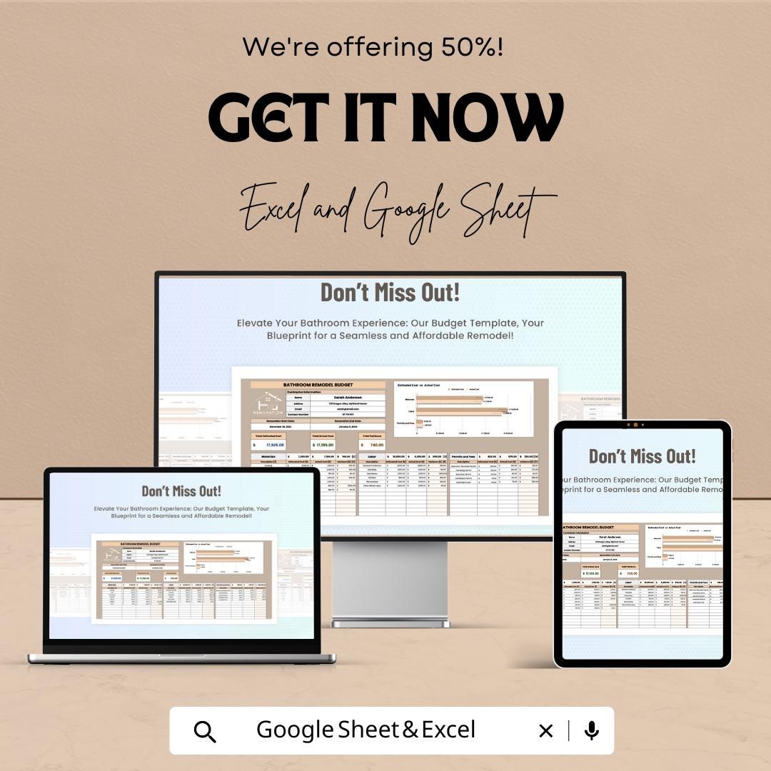 Bathroom Remodel Budget Sheet | Excel & Google Sheets Template | Renovation Budget Tracker | Home Improvement Budget Tool